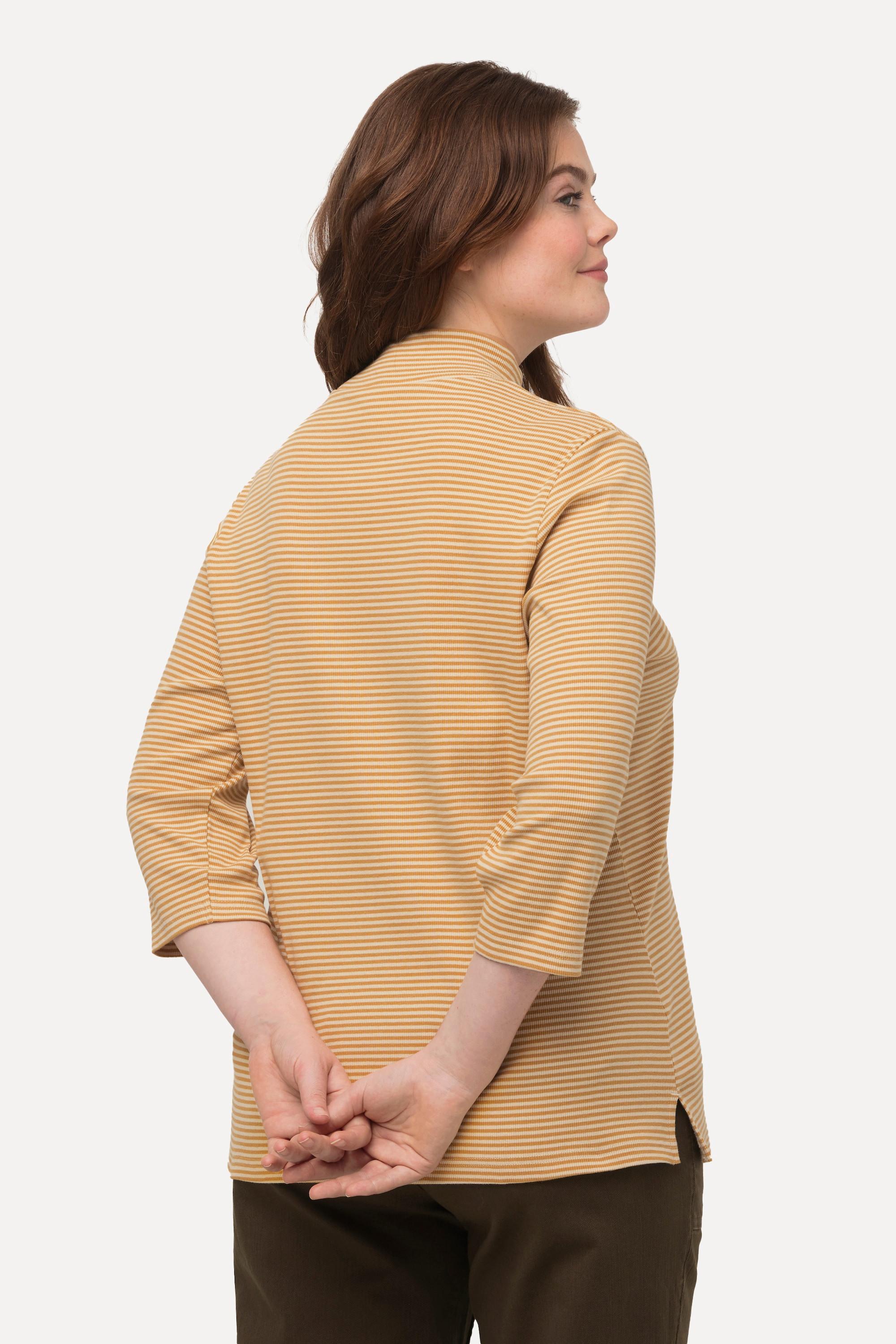 Ulla Popken  Shirt, Ringel, Stehkragen, Slim, 3/4-Arm, Biobaumwolle 