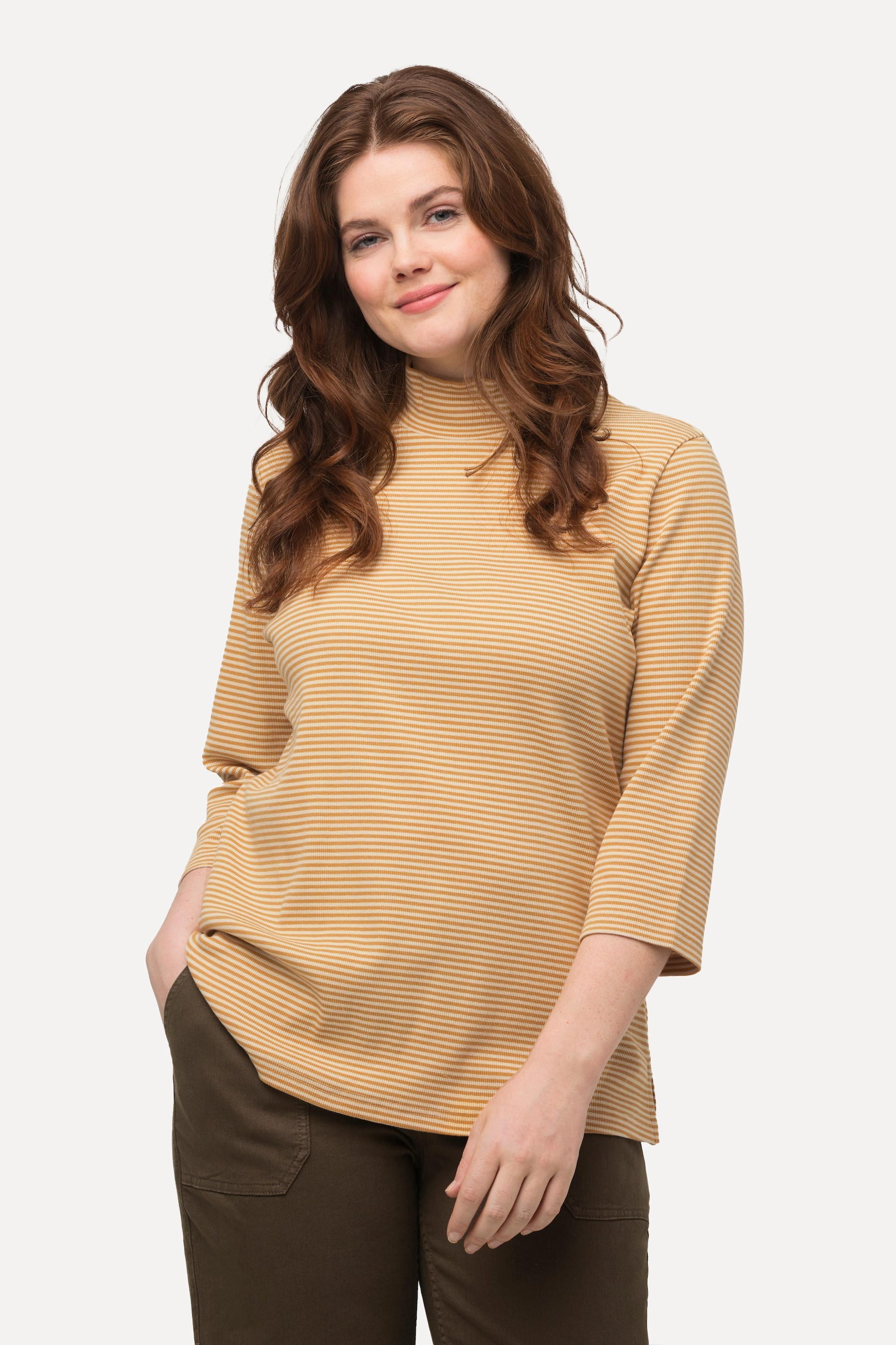 Ulla Popken  Shirt, Ringel, Stehkragen, Slim, 3/4-Arm, Biobaumwolle 