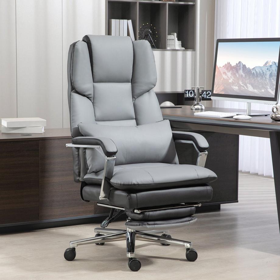 Northio Chaise de bureau avec fonction berçante, capacité de charge 120 kg, ergonomique, dossier inclinable à 160°, simili cuir, 63L x 71P x 123-129H cm, gris clair  