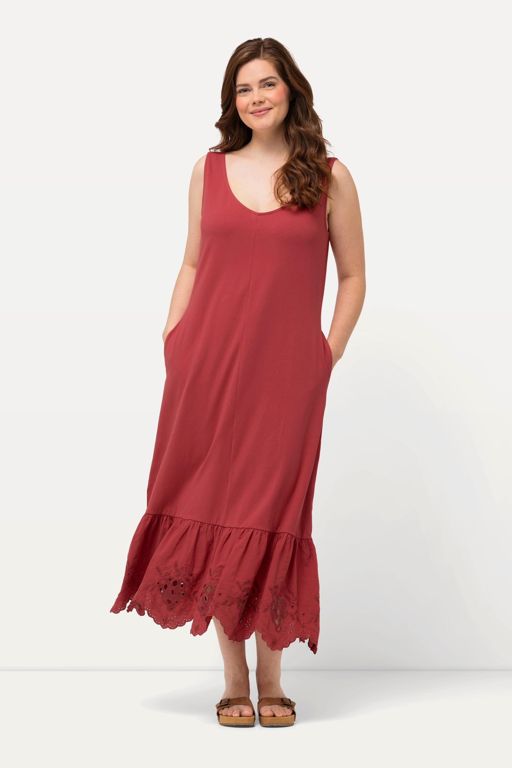 Ulla Popken  Robe maxi avec ligne A, décolleté rond, sans manches. Coton bio 