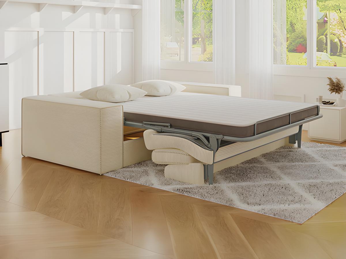 Vente-unique Divano letto 3 posti a ribalta in Velluto a coste Beige Letto 140 cm Materasso 14 cm con memory foam - AMELIA  