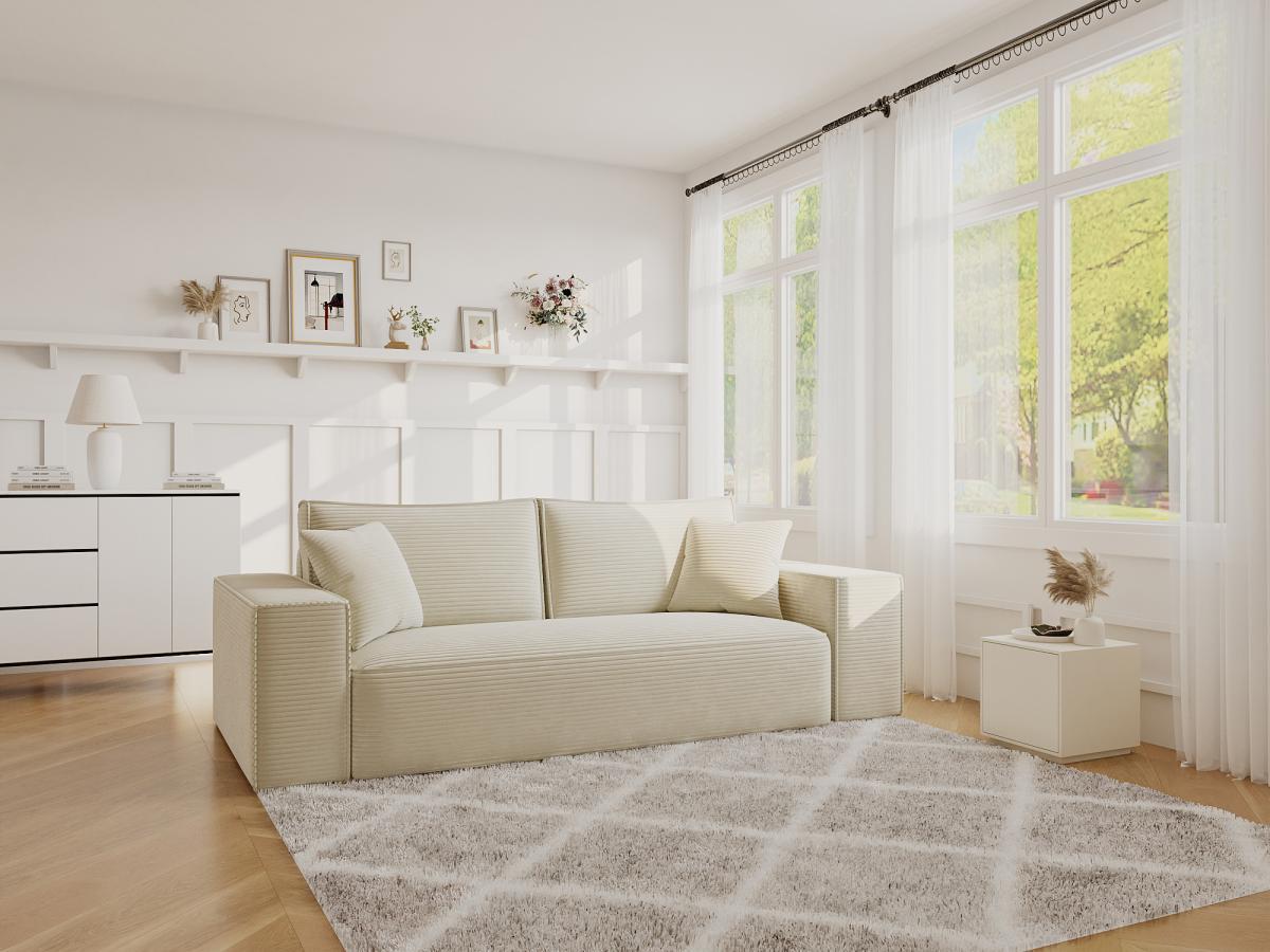 Vente-unique Sofa 3-Sitzer mit Matratze - Cord - Beige - Liegefläche 140 cm - Matratze 14 cm mit Memory Schaum - AMELIA  