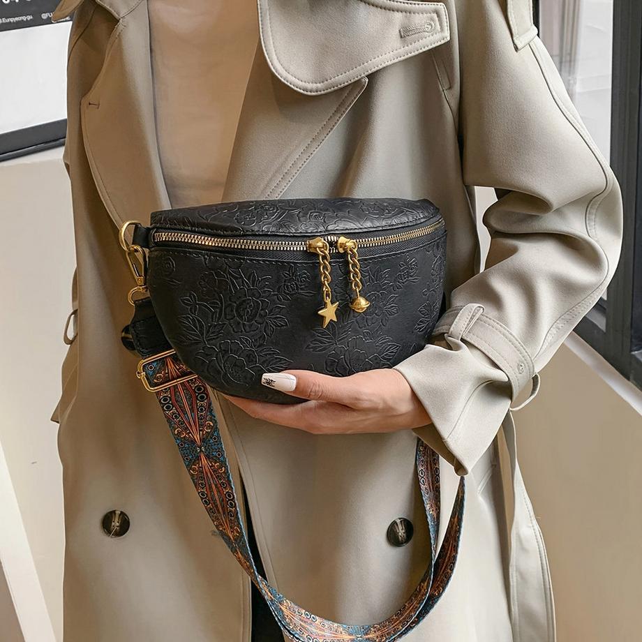 Retro Elegant Flower Pattern Crossbody Bag, Classic Textured Ethnic Fancy Pack With Wide Strap