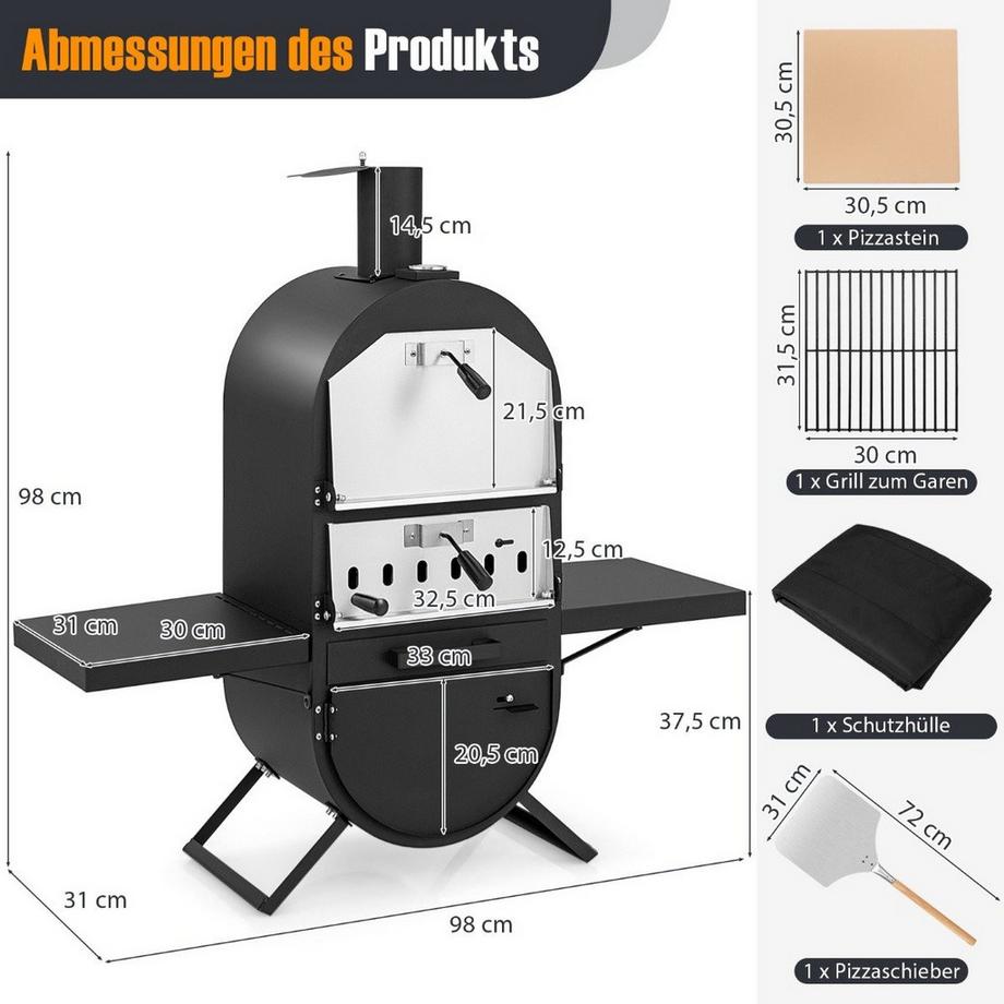 Northix Pizzaofen Outdoor Pizzaofen mit Seitenablagen Grillrost aus Edelstahl Pizzaschaufel für Garten  