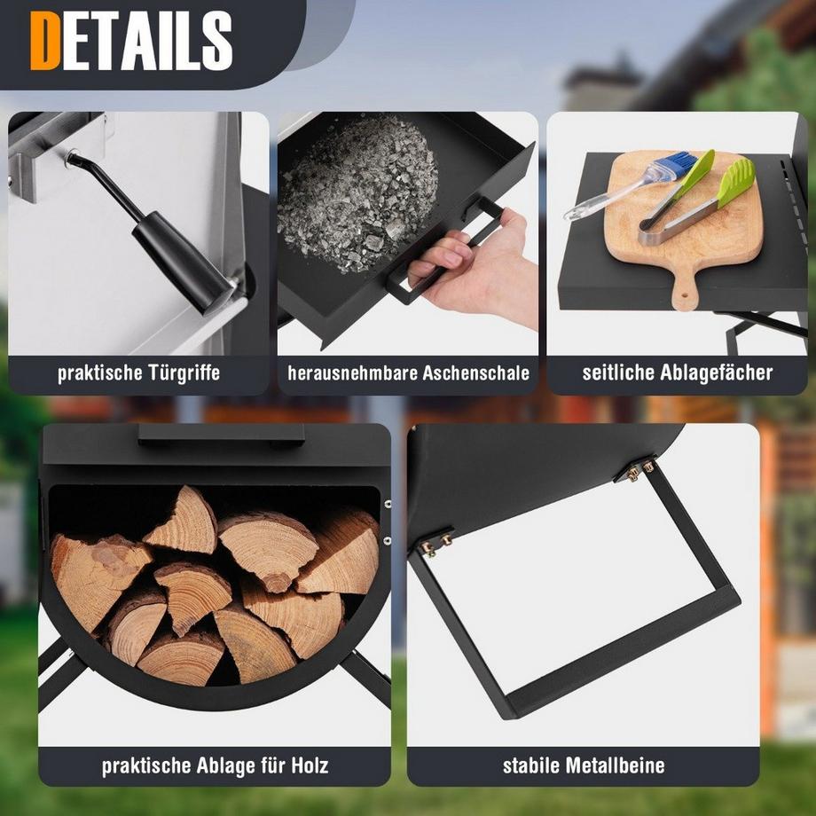 Northix Pizzaofen Outdoor Pizzaofen mit Seitenablagen Grillrost aus Edelstahl Pizzaschaufel für Garten  