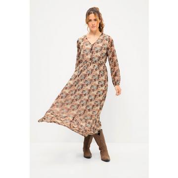 Robe maxi# coupe trapèze, imprimé écailles et décolleté en V. Taille élastique et manches longues