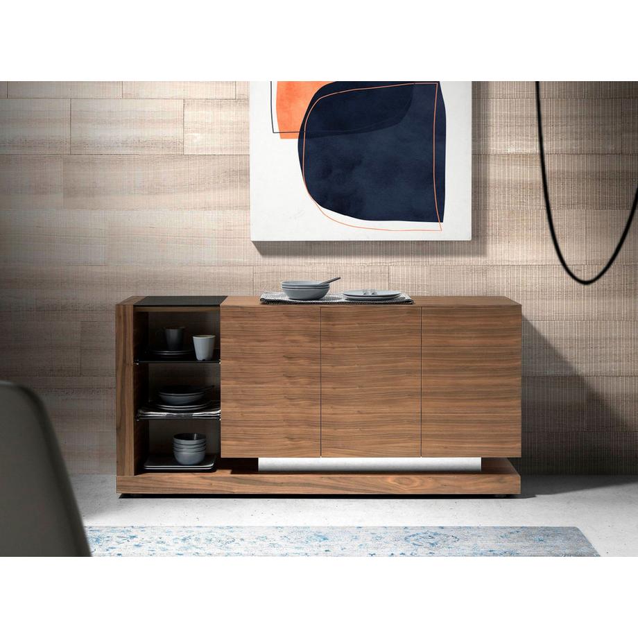 ANGEL CERDA Credenza noce, acciaio spazzolato e piano in vetro nero  