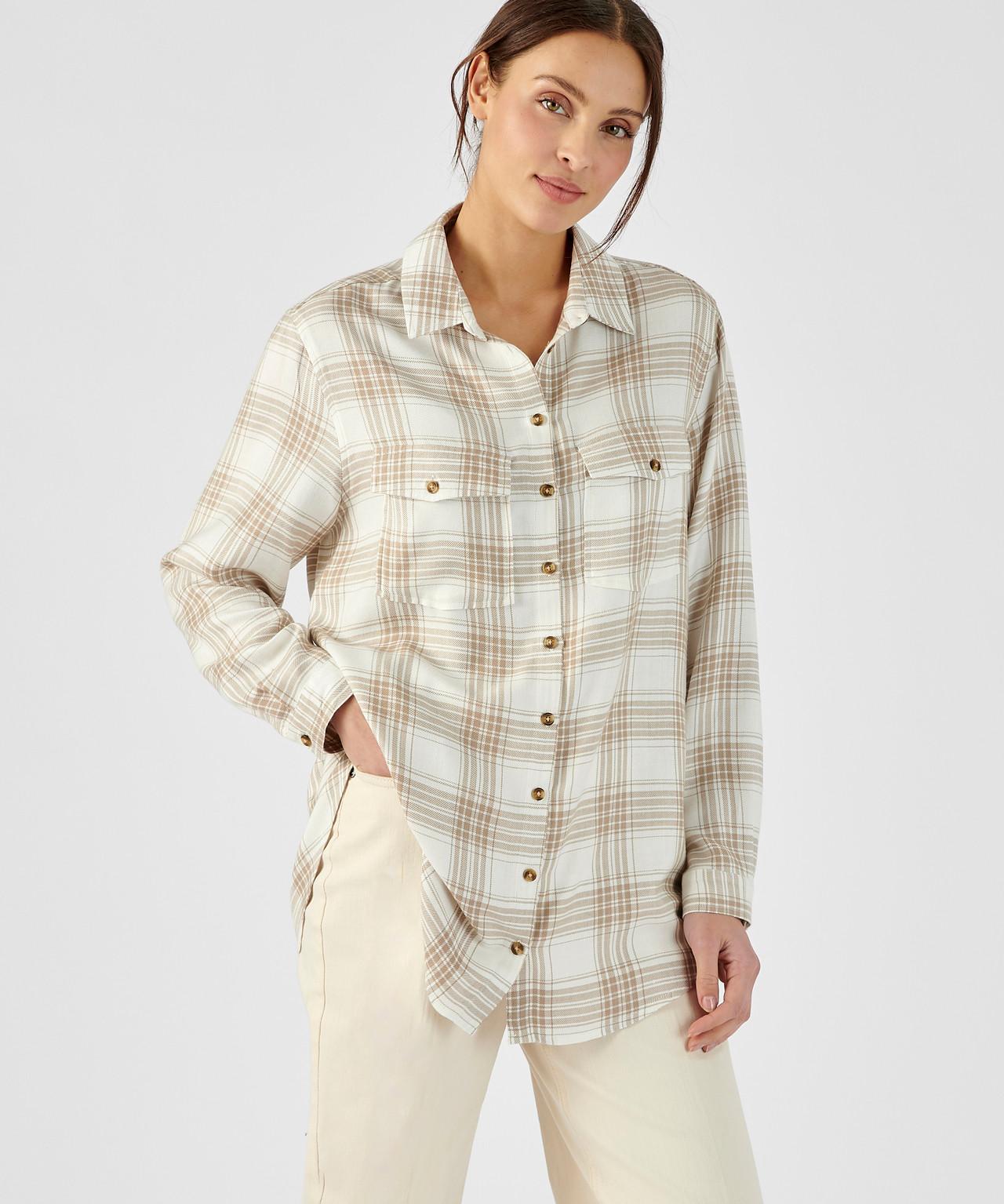 Image of Karierte Tunikabluse, Lange Ärmel Mit Geknöpften Manschetten, Weite Passform, Reine Viskose. Damen Braun 50