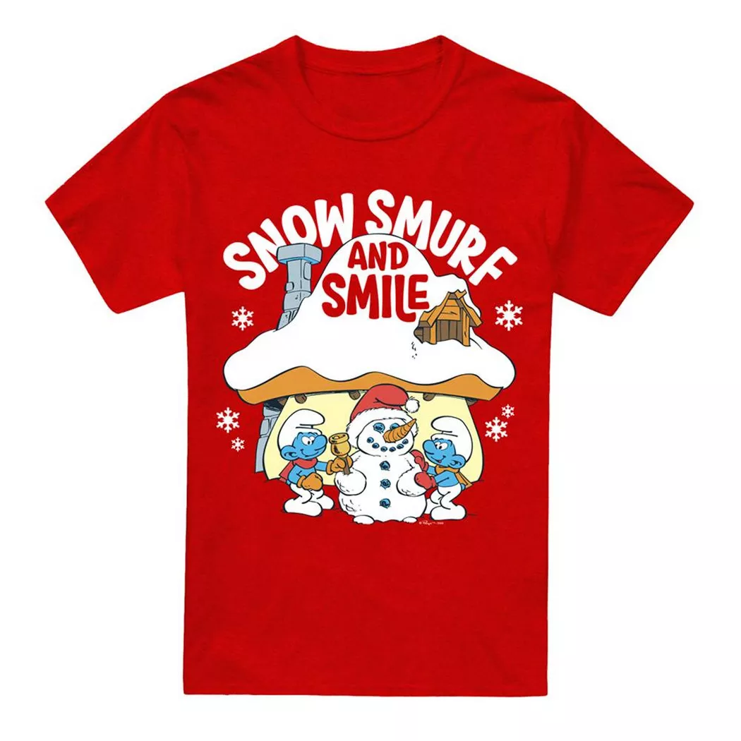 Die Schlümpfe - Snow Smurf And Smile T-Shirt, Weihnachtliches Design, für Damen, Rot Bunt, Größe 3XL