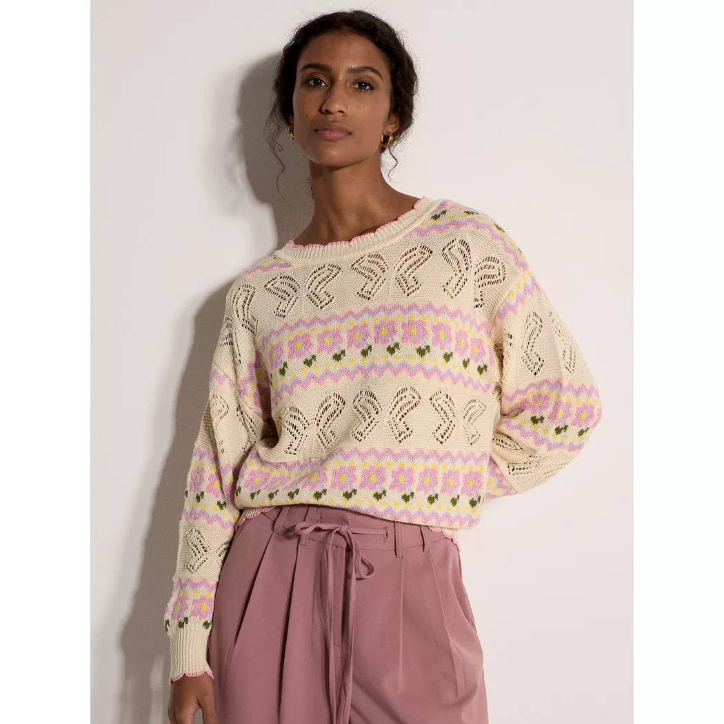 APRICOT - Pointelle-Strickpullover mit Schmetterlings- und Blumenmuster, für Damen, Beige, Größe S