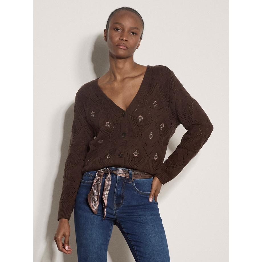 Cardigan en coton mélangé à motif floral en losanges pointillés