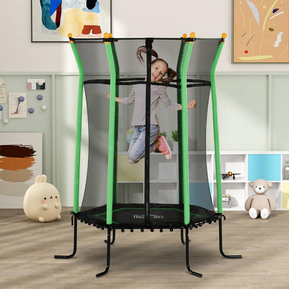 Northio Trampoline pour enfants Ø163,5 cm, trampoline d'intérieur avec filet de sécurité recouvert de corde en caoutchouc, trampoline pour enfants jusqu'à 50 kg, pour enfants de 3 à 10 ans vert  