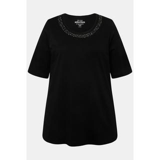 Ulla Popken  T-shirt dal taglio svasato in cotone Pima con scollo a girocollo e mezze maniche 