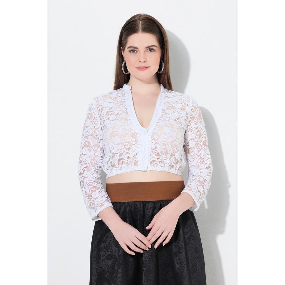 Ulla Popken Camicetta Dirndl Pizzo Scollo a V Maniche 3/4 Orlo Elastico  