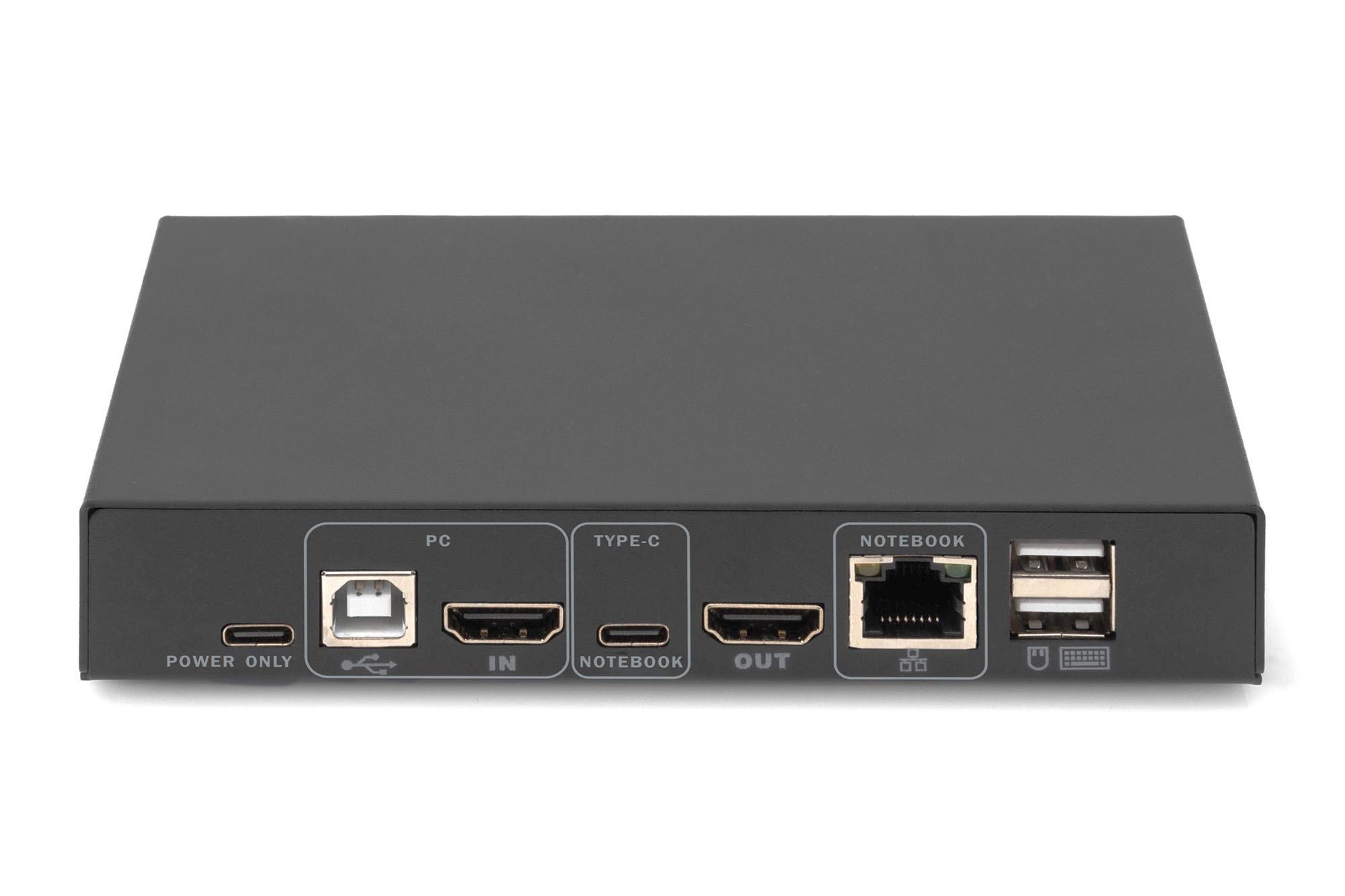 Digitus  Commutateur KVM 2 ports, USB-C + HDMI/HDMI out, 4K@30Hz, USB, PD, réseau 