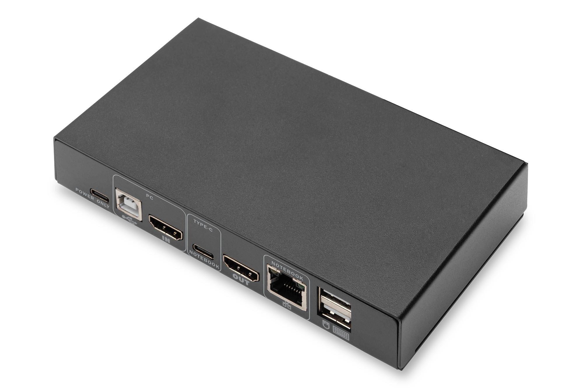 Digitus  Commutateur KVM 2 ports, USB-C + HDMI/HDMI out, 4K@30Hz, USB, PD, réseau 