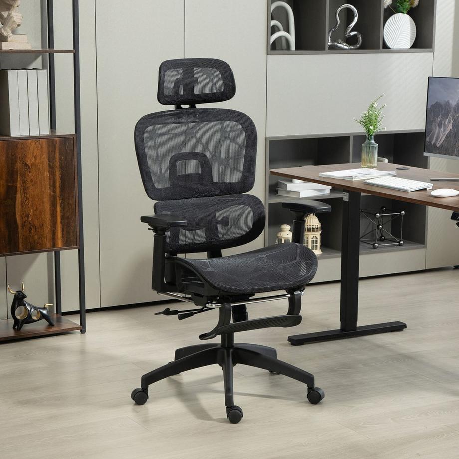Northio Bürostuhl Ergonomischer Schreibtischstuhl mit Armlehne, Kopfstütze, Lendenwirbelstütze, Höhenverstellbarer Mesh Drehstuhl mit Wippfunktion, Liegefunktion, Fußstütze Schwarz  