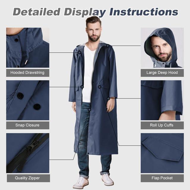 Alopini Langer Wasserdichter Regenmantel Unisex Regenponcho mit Pattentasche  