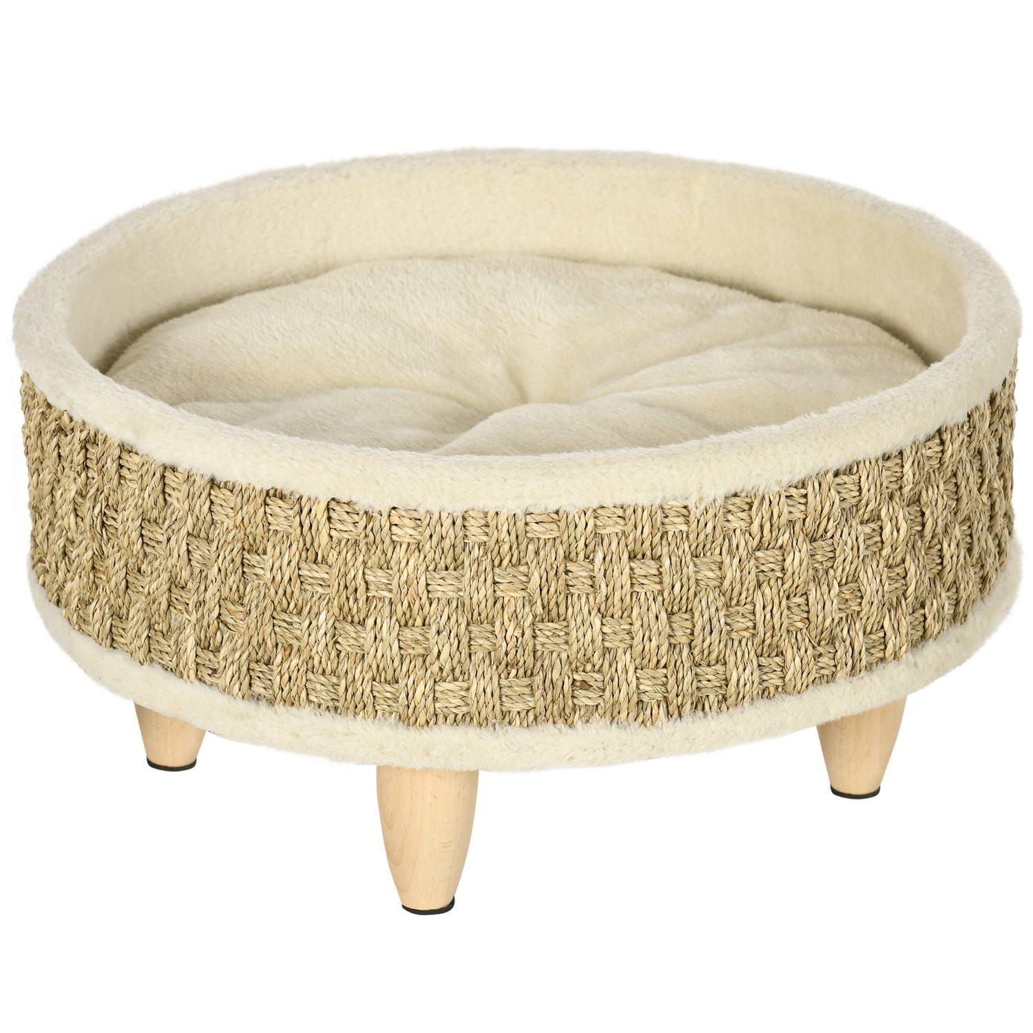 Northio Hundebett Erhöhtes Haustierbett Mit Waschbarem Kissen, Seegrasseil Und Holzbeine, Rund, Beige+Khaki, 48X48X24,5Cm  