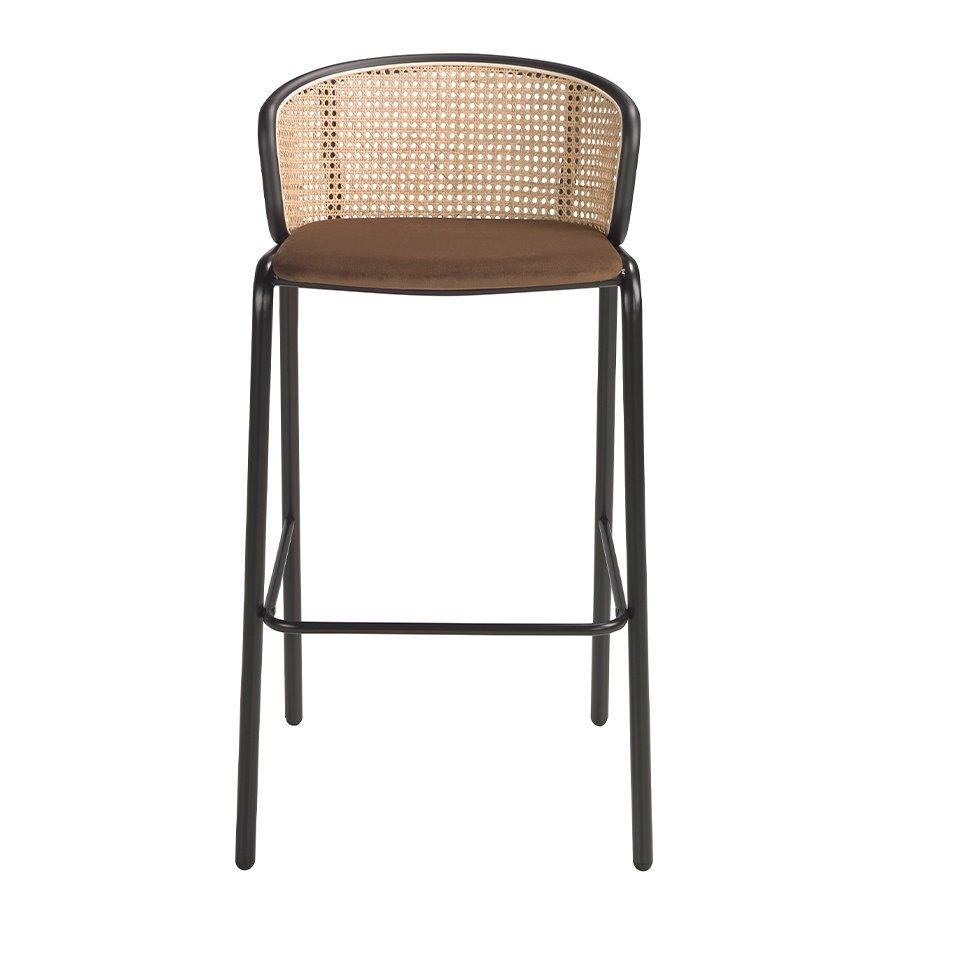 ANGEL CERDA Tabouret en velours brun et rotin  