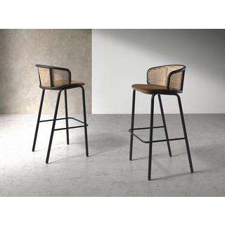 ANGEL CERDA Tabouret en velours brun et rotin  