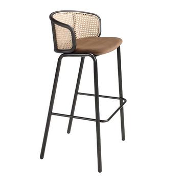 Tabouret en velours brun et rotin