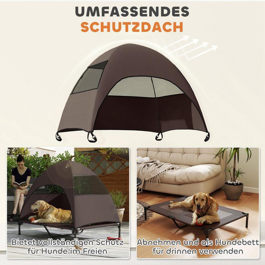 Northio  Chaise longue d'extérieur pour chien avec toit, lit surélevé pour grands chiens, chaise longue rafraîchissante avec cadre en métal lavable et sac de transport, lit pour animal domestique pour camping en plein air 106 x 76 x 99 cm, café | 
