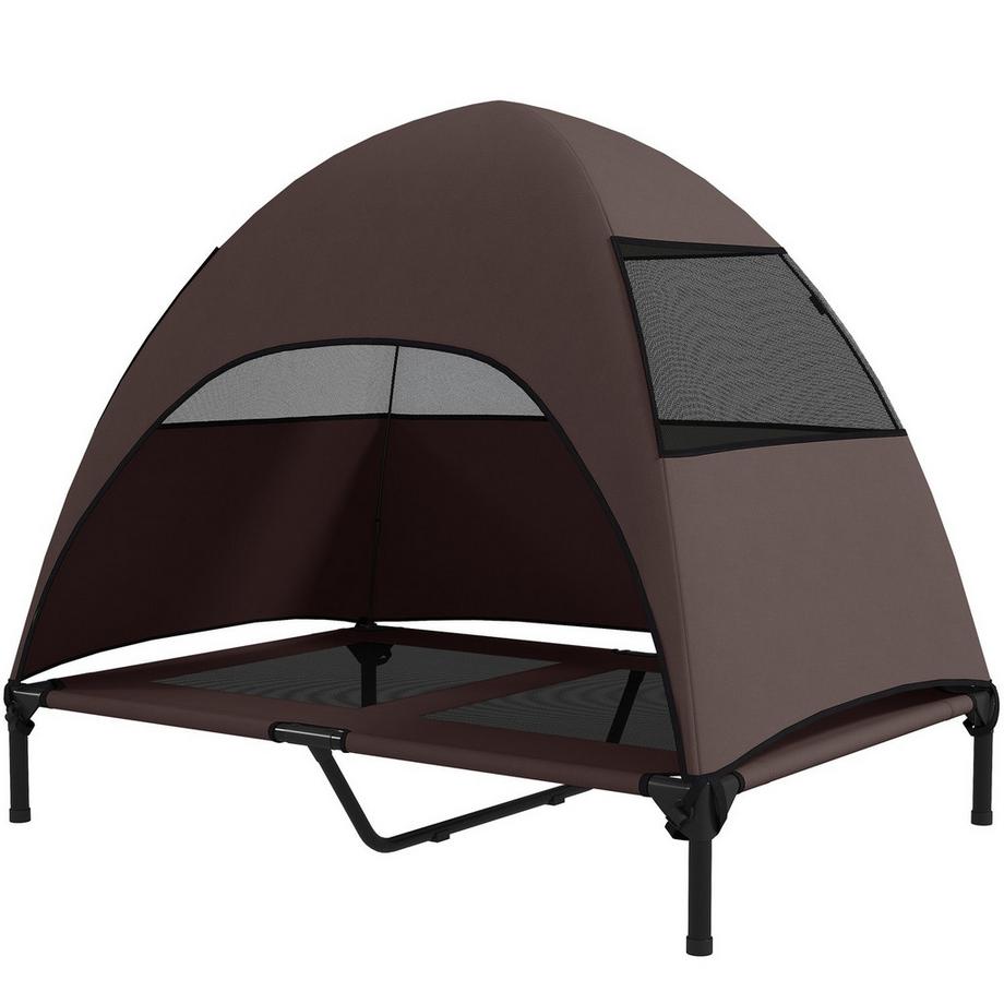 Northio  Chaise longue d'extérieur pour chien avec toit, lit surélevé pour grands chiens, chaise longue rafraîchissante avec cadre en métal lavable et sac de transport, lit pour animal domestique pour camping en plein air 106 x 76 x 99 cm, café | 