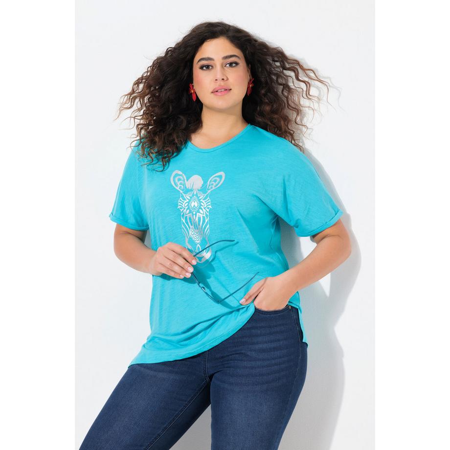 Ulla Popken Oversized Tiermotiv Halbarm V-Ausschnitt T-Shirt  