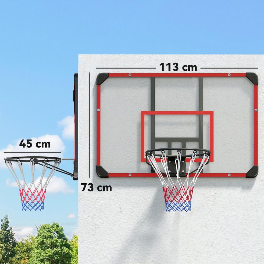 Northio Panier de basket, planche de basket avec panier, filet de basket avec planche de basket, montage mural, extérieur, acier, 113 x 61 x 73 cm, rouge  