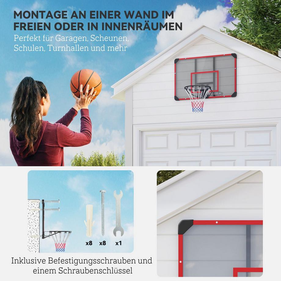 Northio Panier de basket, planche de basket avec panier, filet de basket avec planche de basket, montage mural, extérieur, acier, 113 x 61 x 73 cm, rouge  