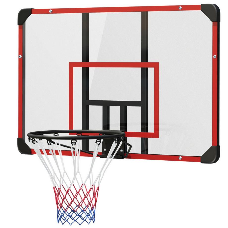 Panier de basket, planche de basket avec panier, filet de basket avec planche de basket, montage mural, extérieur, acier, 113 x 61 x 73 cm, rouge