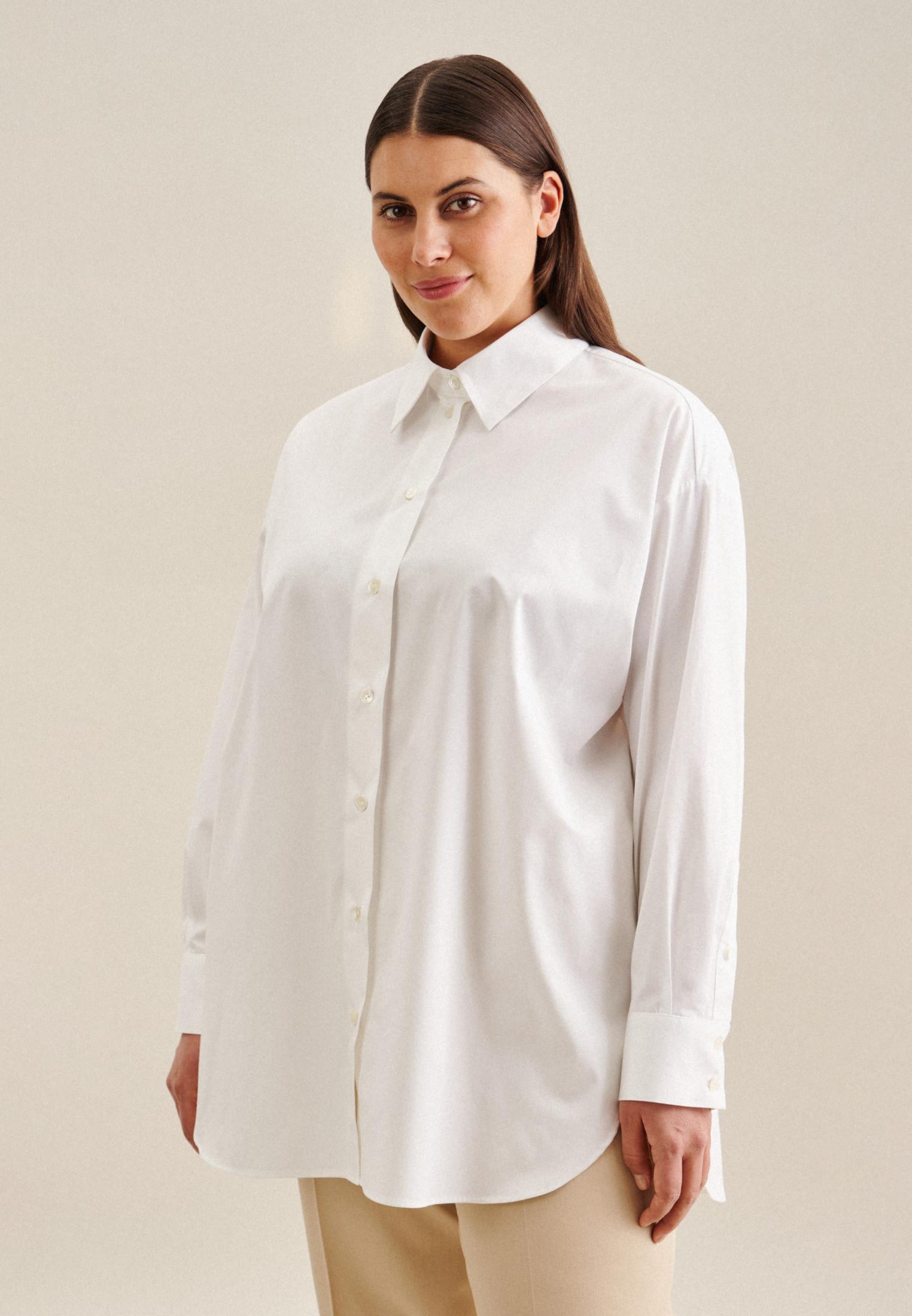 Image of Longbluse Uni Langarm Kragen Damen Weiss 52