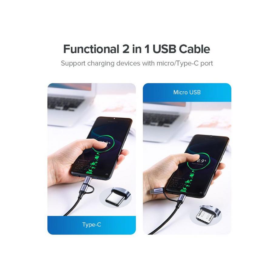 UGREEN  Ugreen 2in1 USB-auf-Micro-USB/USB-C-Kabel 2,4 A, 1 m – Schwarz 