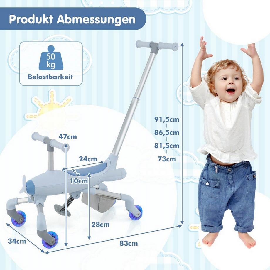 Northix  2-in-1-Rutschauto für Kinder Schiebewagen im Flugzeugmotiv mit LED-beleuchteten Rädern bis zu 50kg tragbar Blau 