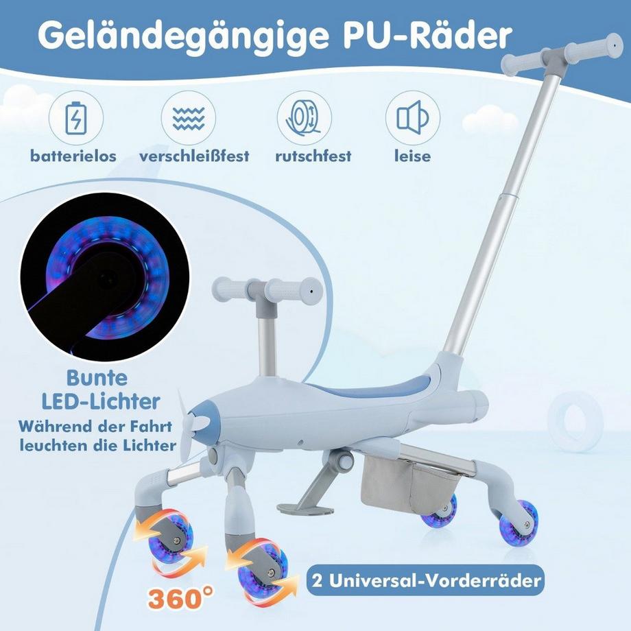 Northix  2-in-1-Rutschauto für Kinder Schiebewagen im Flugzeugmotiv mit LED-beleuchteten Rädern bis zu 50kg tragbar Blau 