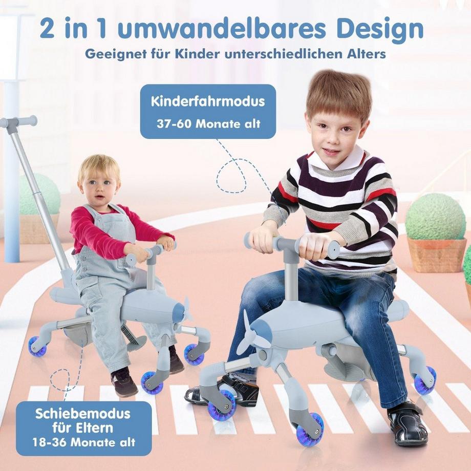 Northix  2-in-1-Rutschauto für Kinder Schiebewagen im Flugzeugmotiv mit LED-beleuchteten Rädern bis zu 50kg tragbar Blau 