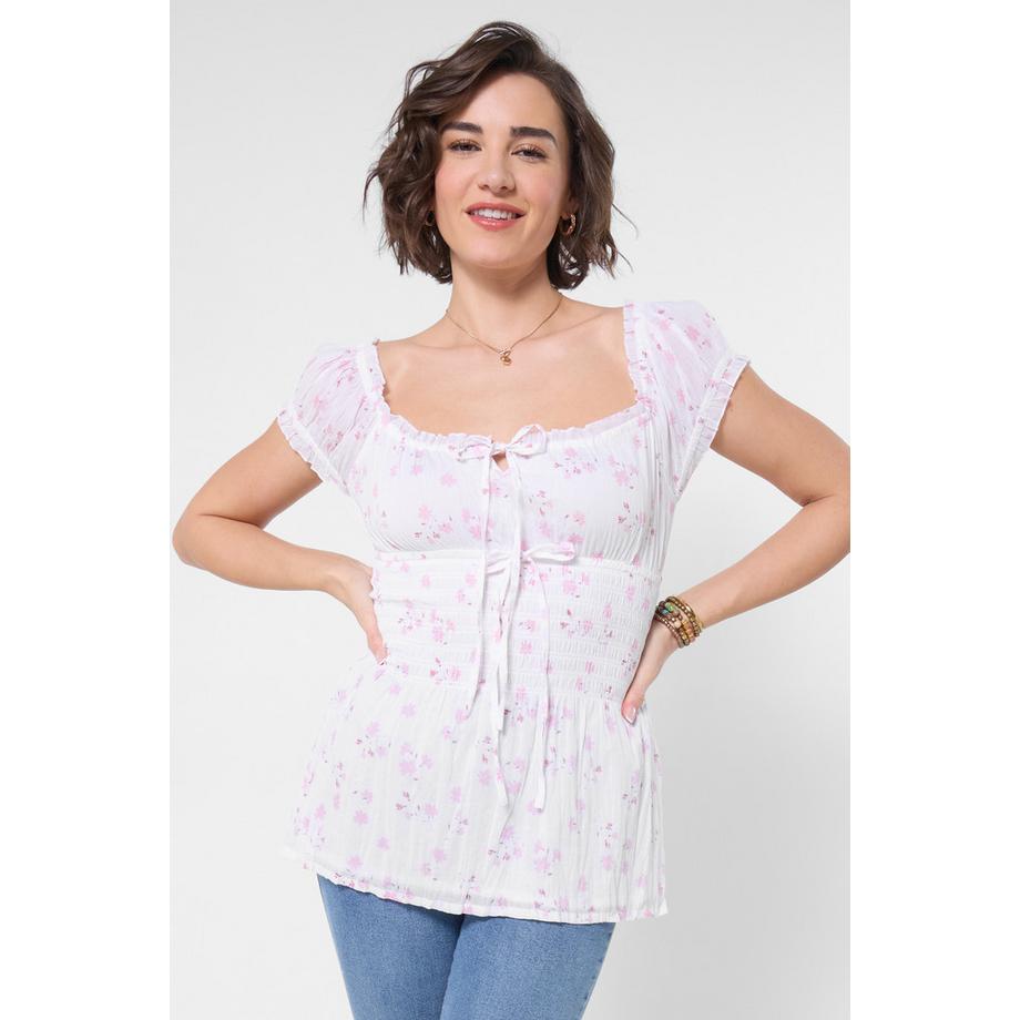 Blouse Florale avec Encolure Goutte et Taille Froncée