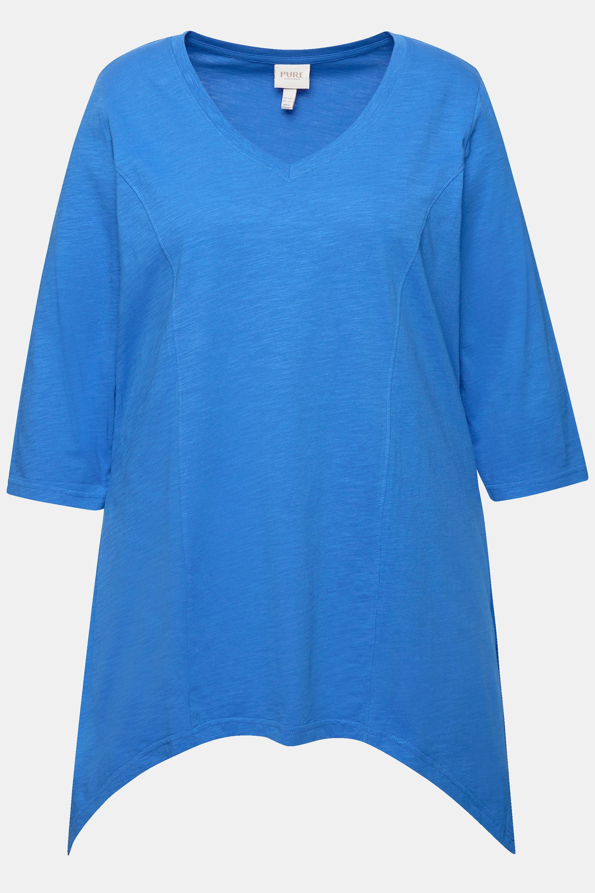 Ulla Popken  Shirt, Zipfelsaum, V-Ausschnitt, 3/4-Arm, Biobaumwolle 