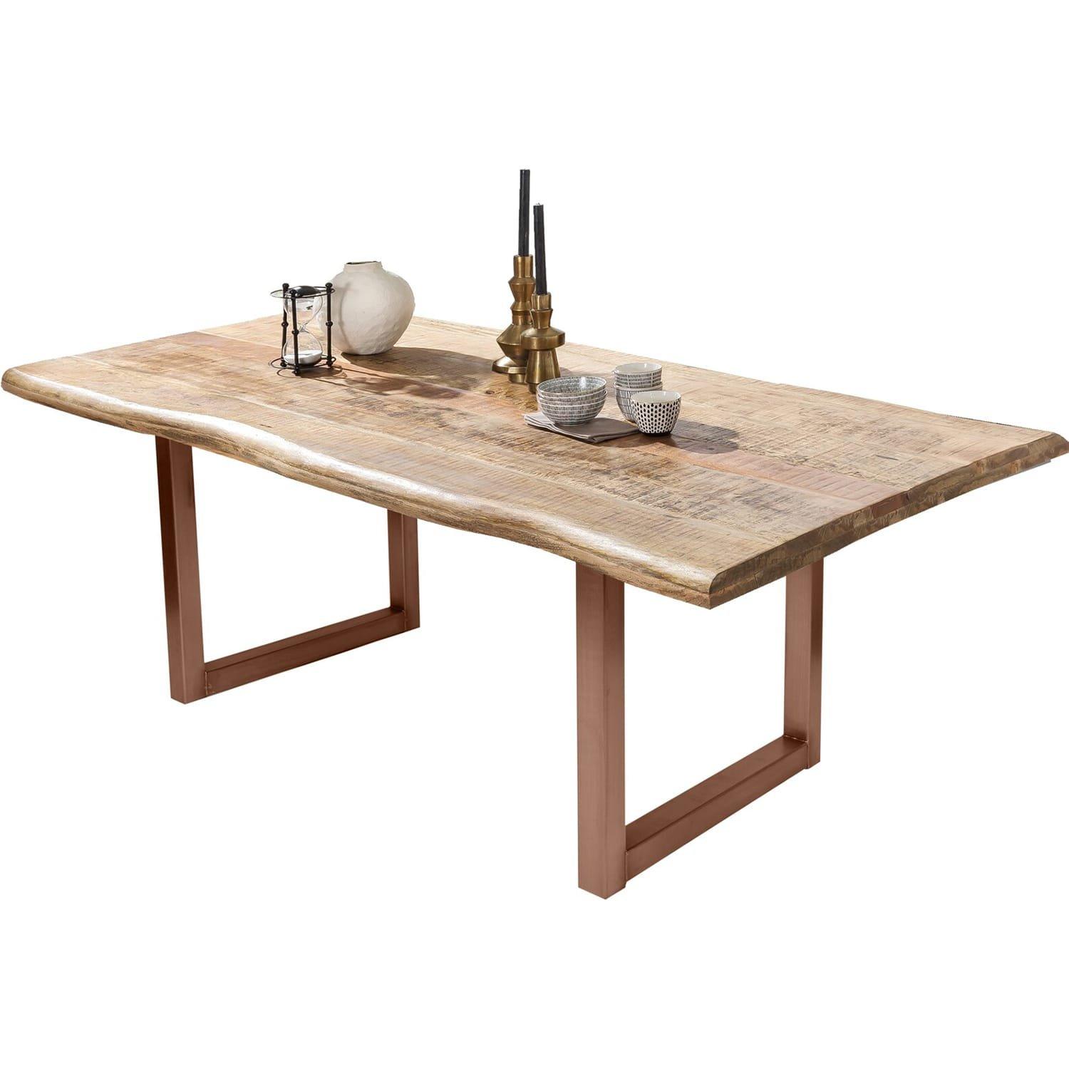 mutoni Table 240x100 cm - manguier massif, naturel - métal brun antique - avec bordure d'arbre  