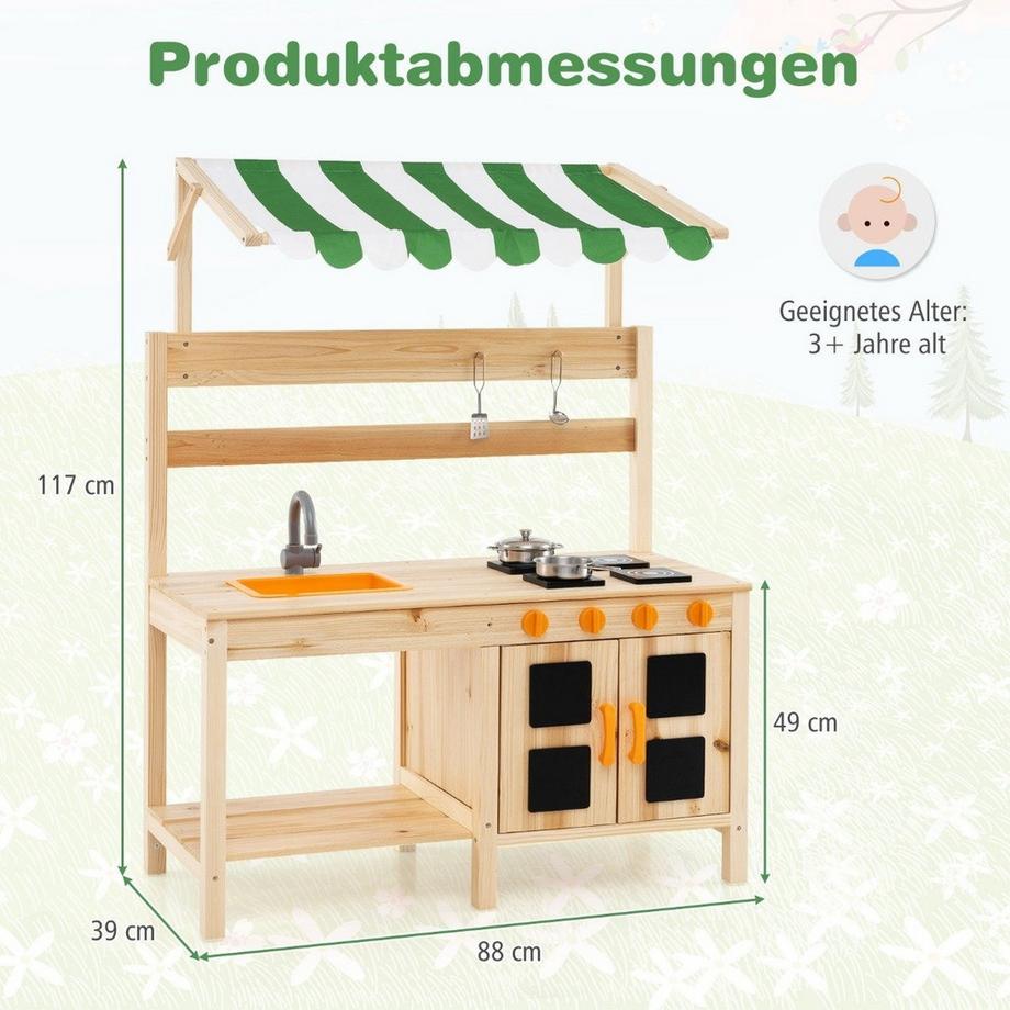 Northix  Matschküche Kinder Outdoor Kinderküche Tannenholz mit Überdachung 88 x 39 x 117 cm Natur 
