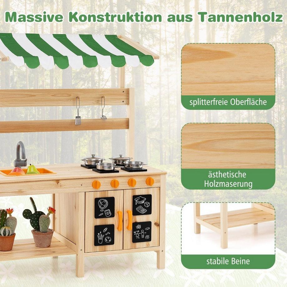 Northix  Matschküche Kinder Outdoor Kinderküche Tannenholz mit Überdachung 88 x 39 x 117 cm Natur 