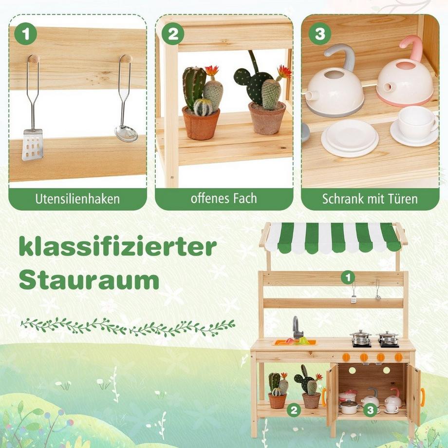 Northix  Matschküche Kinder Outdoor Kinderküche Tannenholz mit Überdachung 88 x 39 x 117 cm Natur 