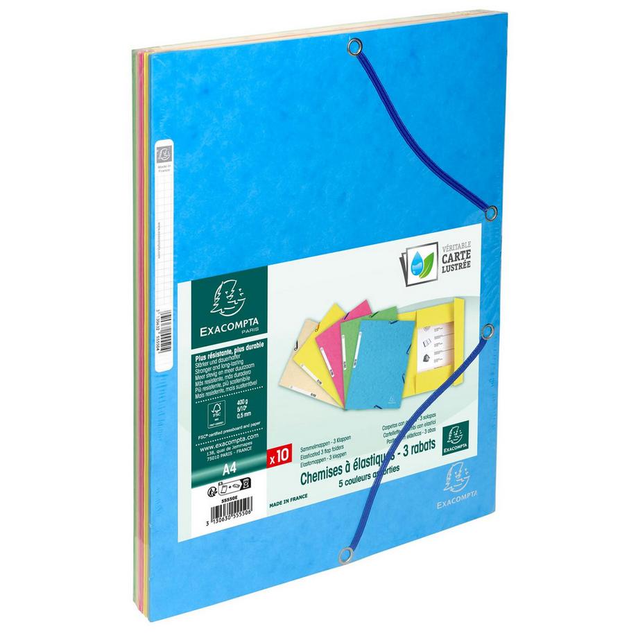 Exacompta Cartella 3 lembi con elastici cartoncino lustré 400g/mq - A4 - x 50  