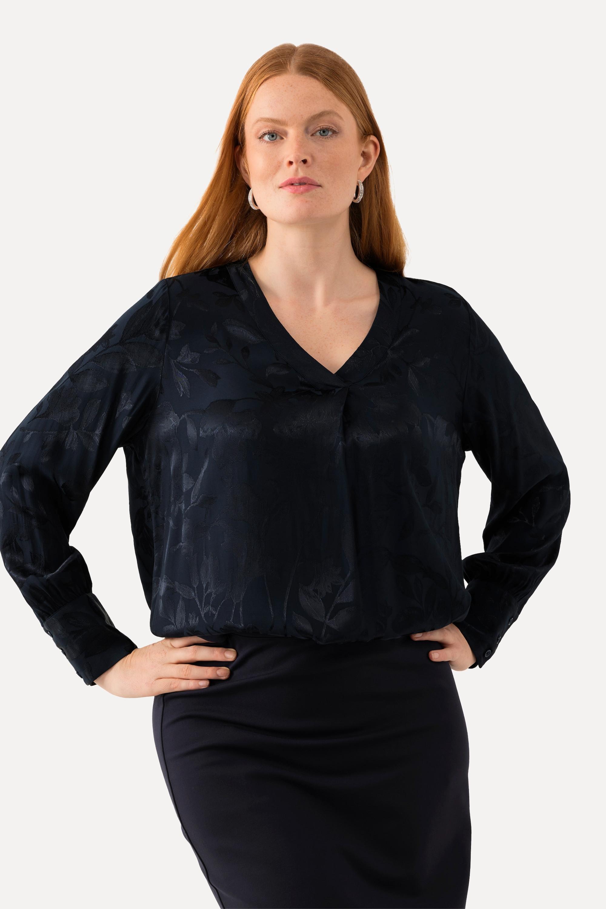 Ulla Popken  Blouse jacquard imprimé floral, col en V et manches longues 