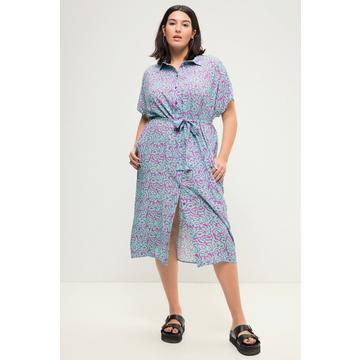 Robe-chemisier oversized longueur midi, motif bicolore et ceinture à nouer