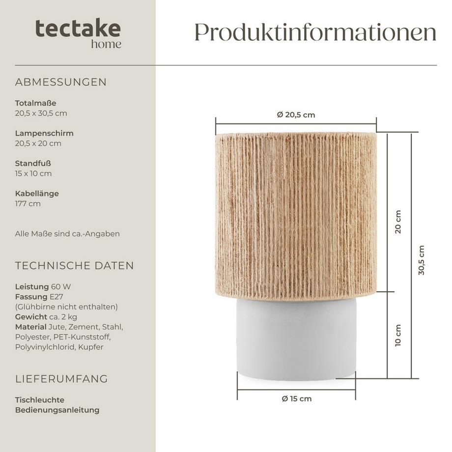 Tectake  Lampe de chevet en jute style bohème KLEA style bohème avec technique de tressage 60 W 
