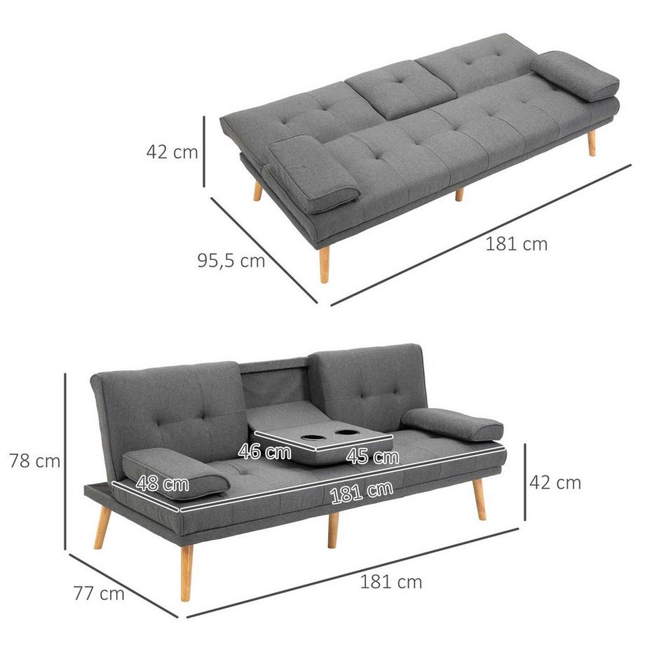 Northio Schlafsofa 3-Sitzer-Sofa, Bettsofa Mit Klappbarem Tisch, Becherhalter, Skandi-Design, Dunkelgrau, Bis 250Kg  