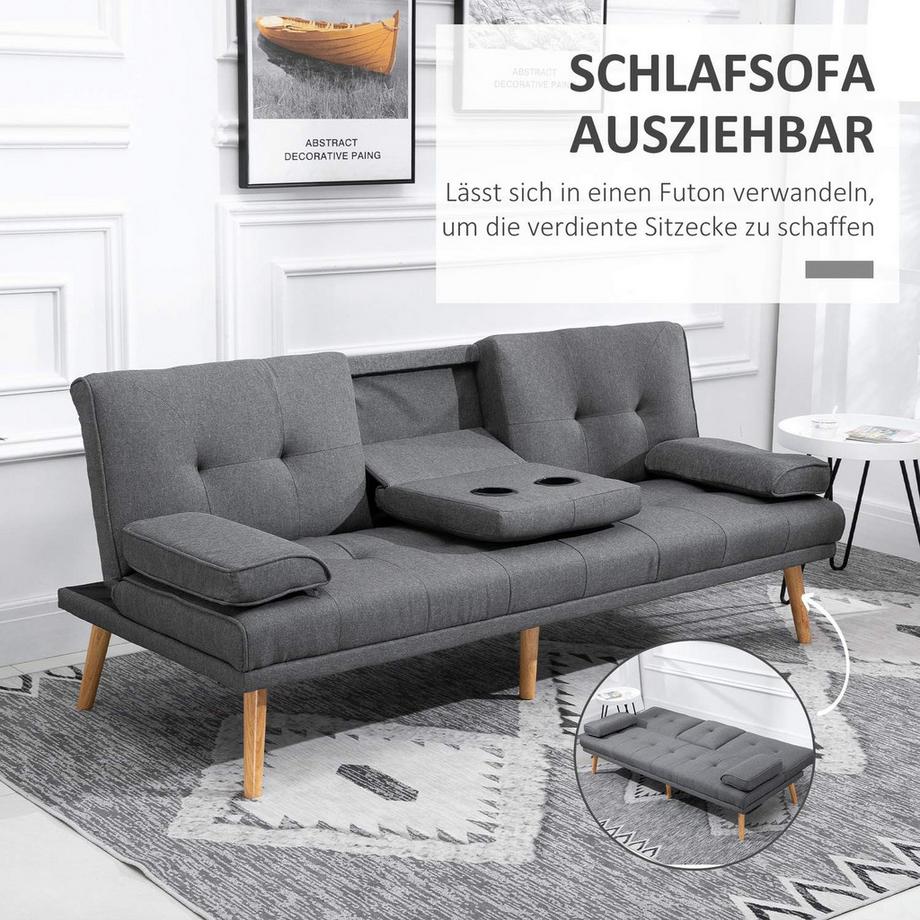 Northio Schlafsofa 3-Sitzer-Sofa, Bettsofa Mit Klappbarem Tisch, Becherhalter, Skandi-Design, Dunkelgrau, Bis 250Kg  