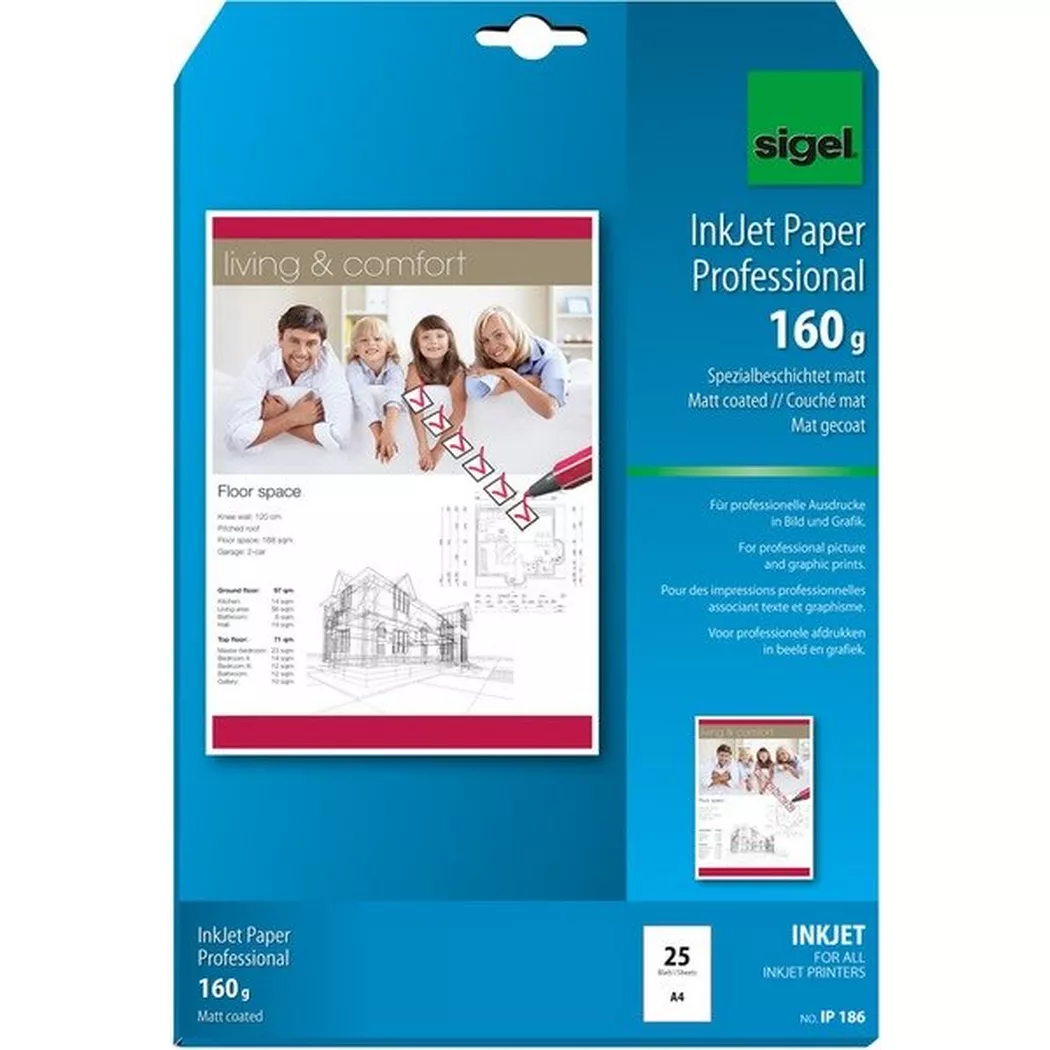 Sigel – InkJet-Papier A4 IP186 160g,matt, weiss 25 Blatt, One Size